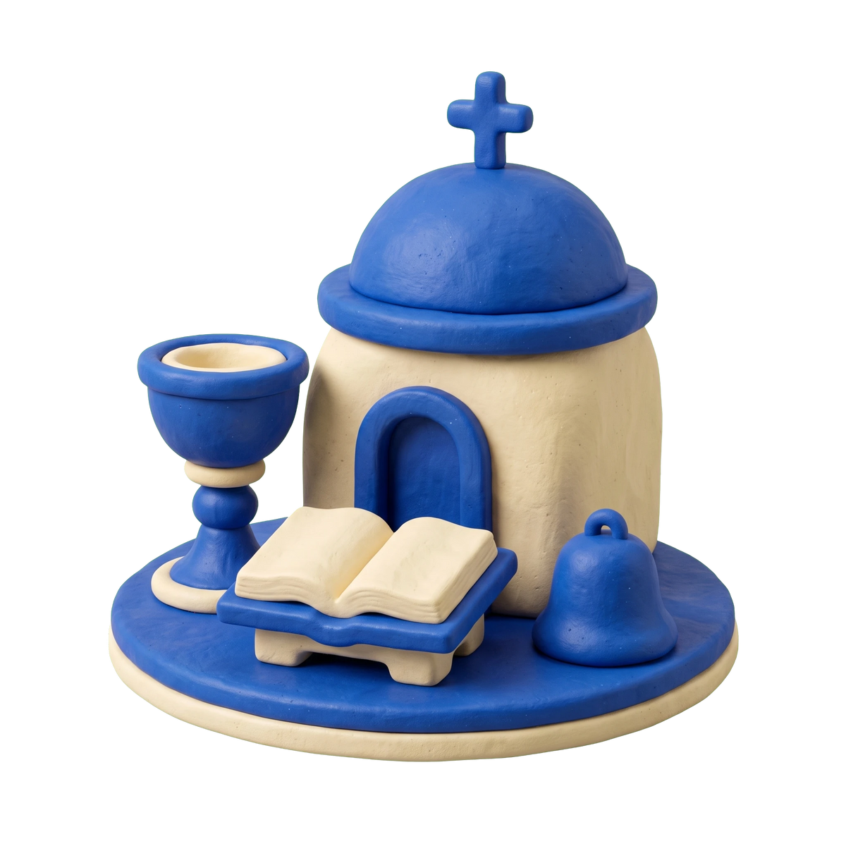 Religious organization illustration in blue and ivory clay
