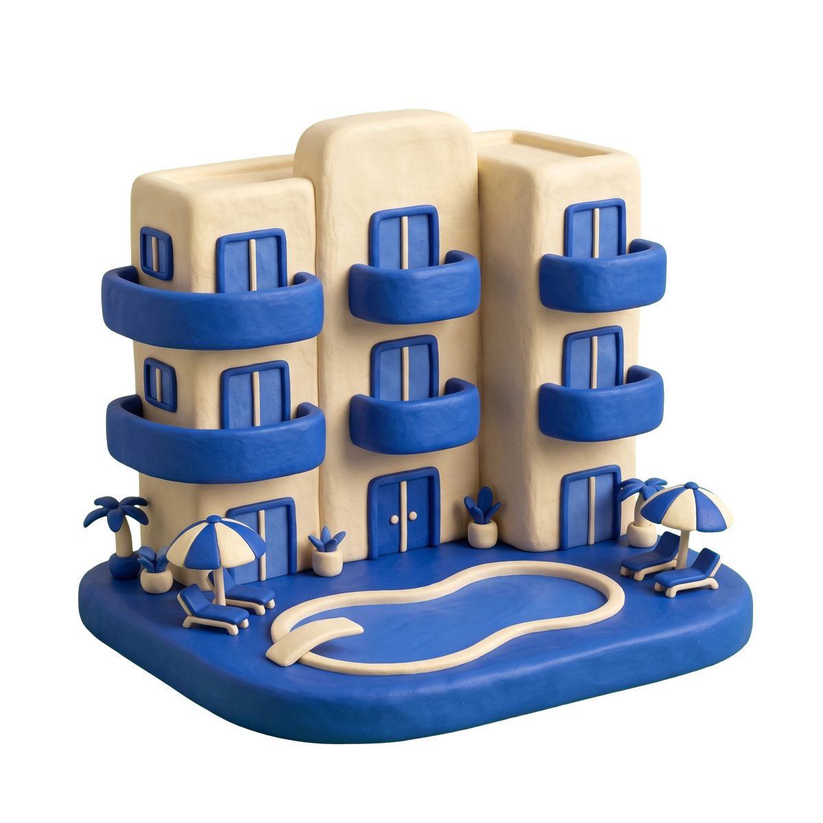 Resort hotel illustration in blue and ivory clay