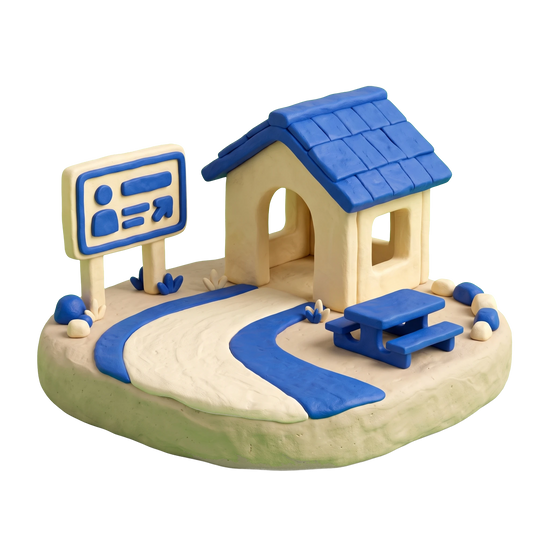 Rest stop illustration in blue and ivory clay