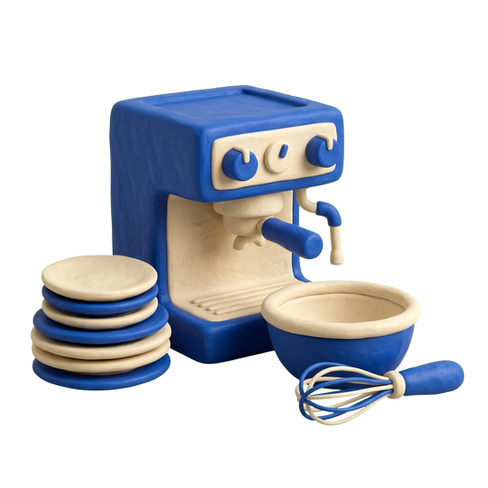Restaurant supply store illustration in blue and ivory clay