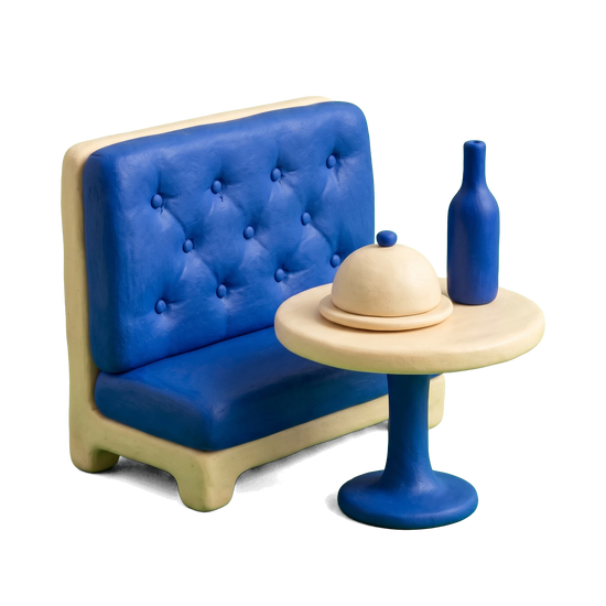 Restaurant illustration in blue and ivory clay