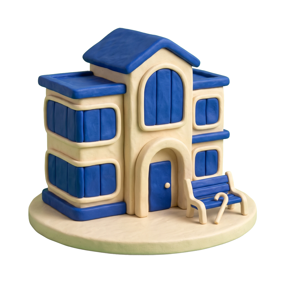 Retirement home illustration in blue and ivory clay