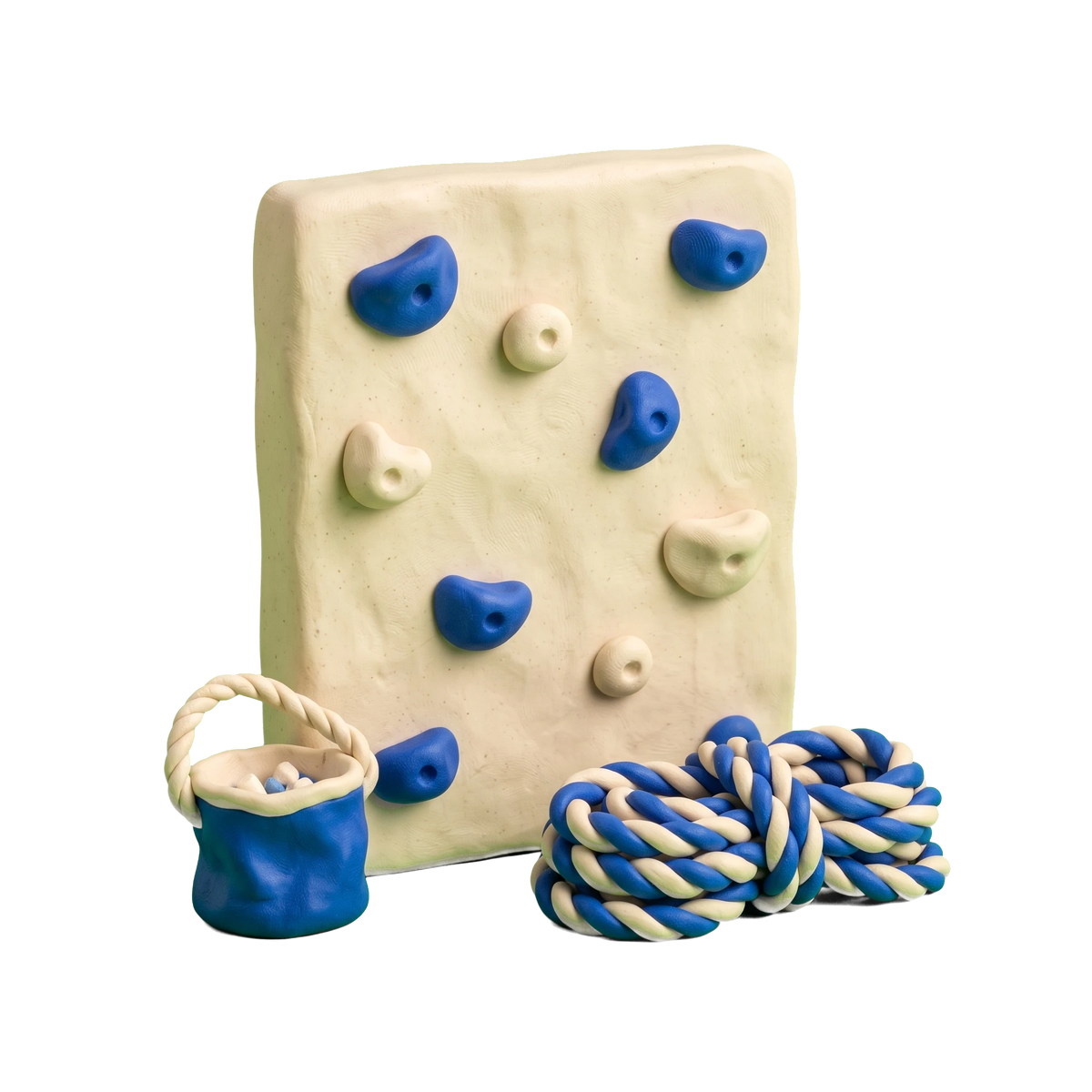 Rock climbing illustration in blue and ivory clay