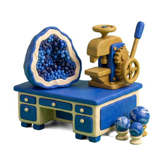 Rock shop illustration in blue and ivory clay
