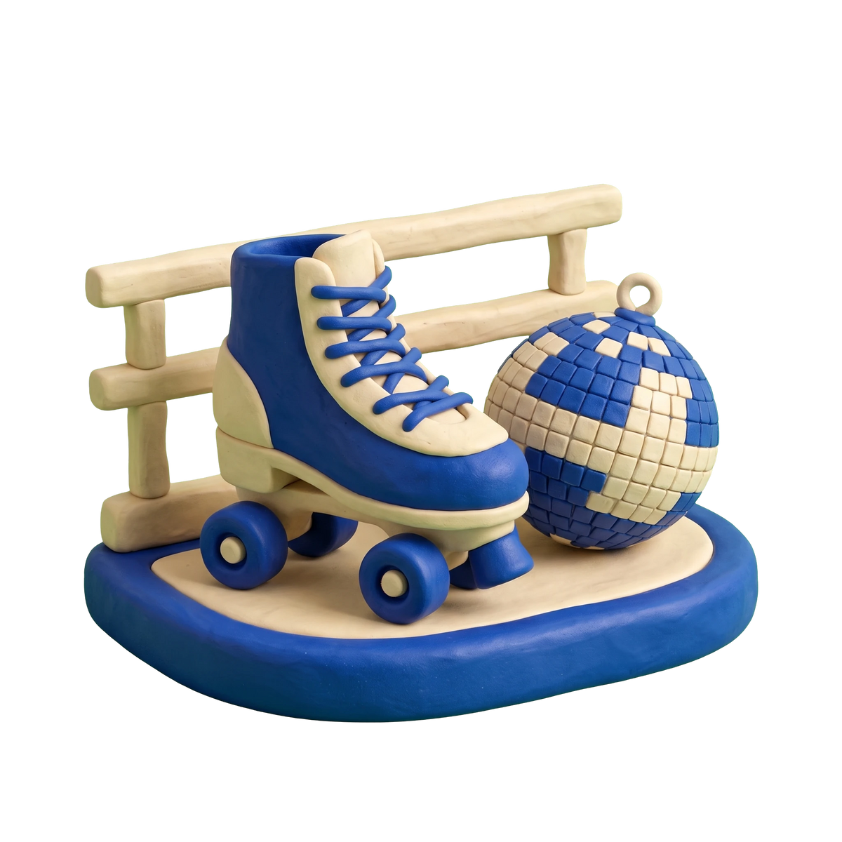 Roller skating rink illustration in blue and ivory clay
