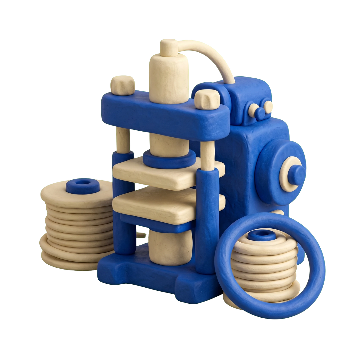 Rubber products supplier illustration in blue and ivory clay