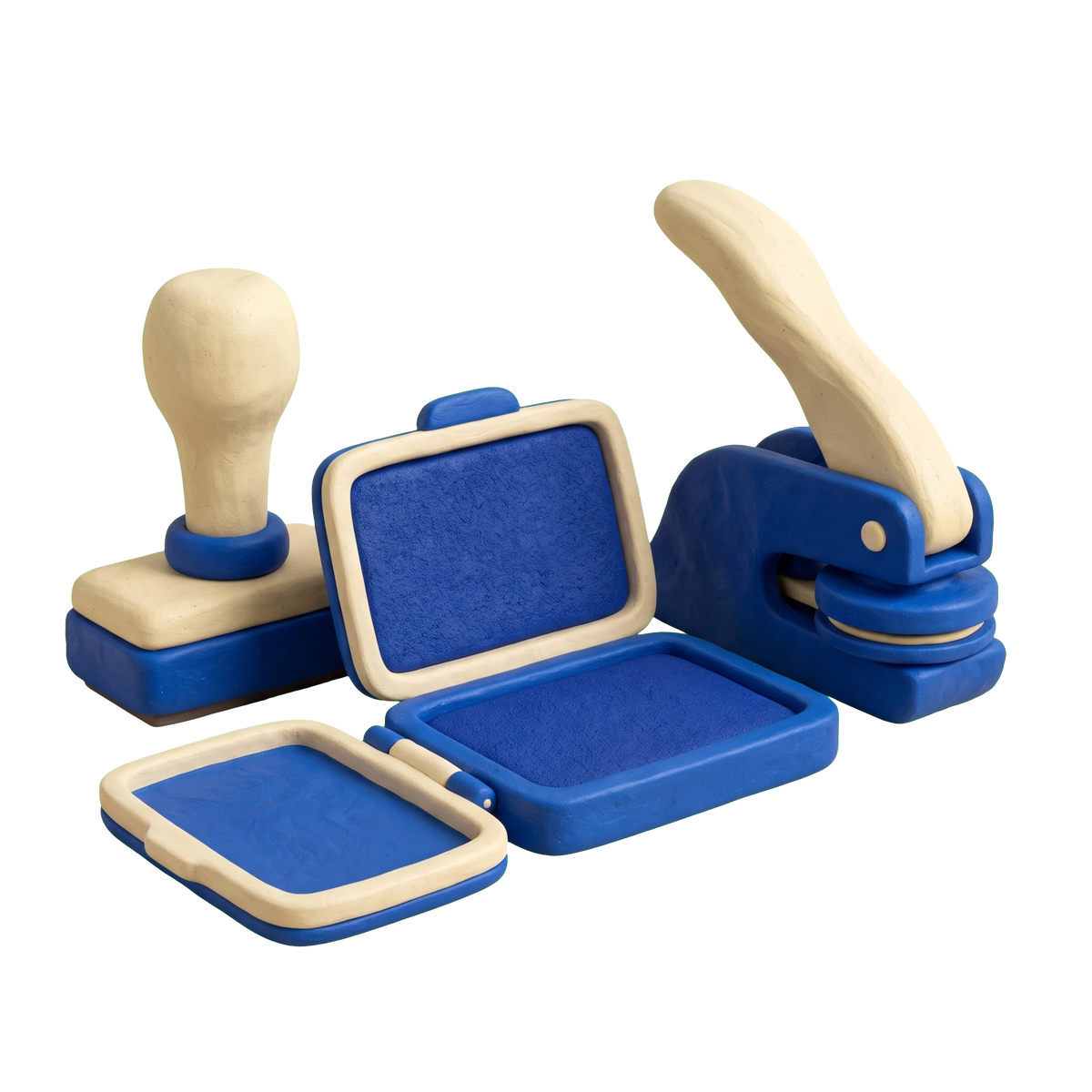 Rubber stamp store illustration in blue and ivory clay