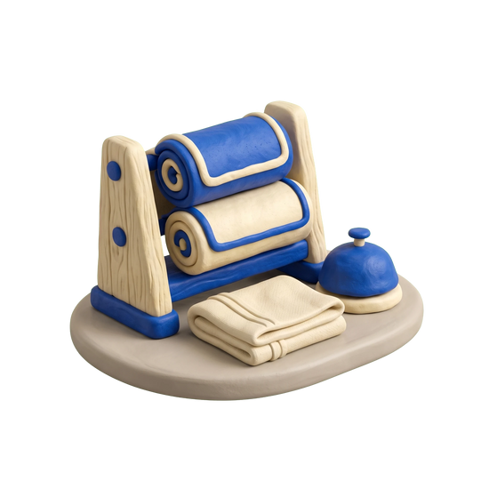 Rug store illustration in blue and ivory clay