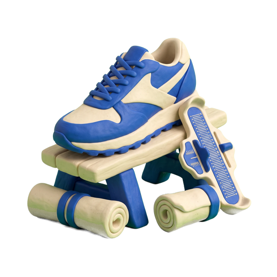 Running store illustration in blue and ivory clay