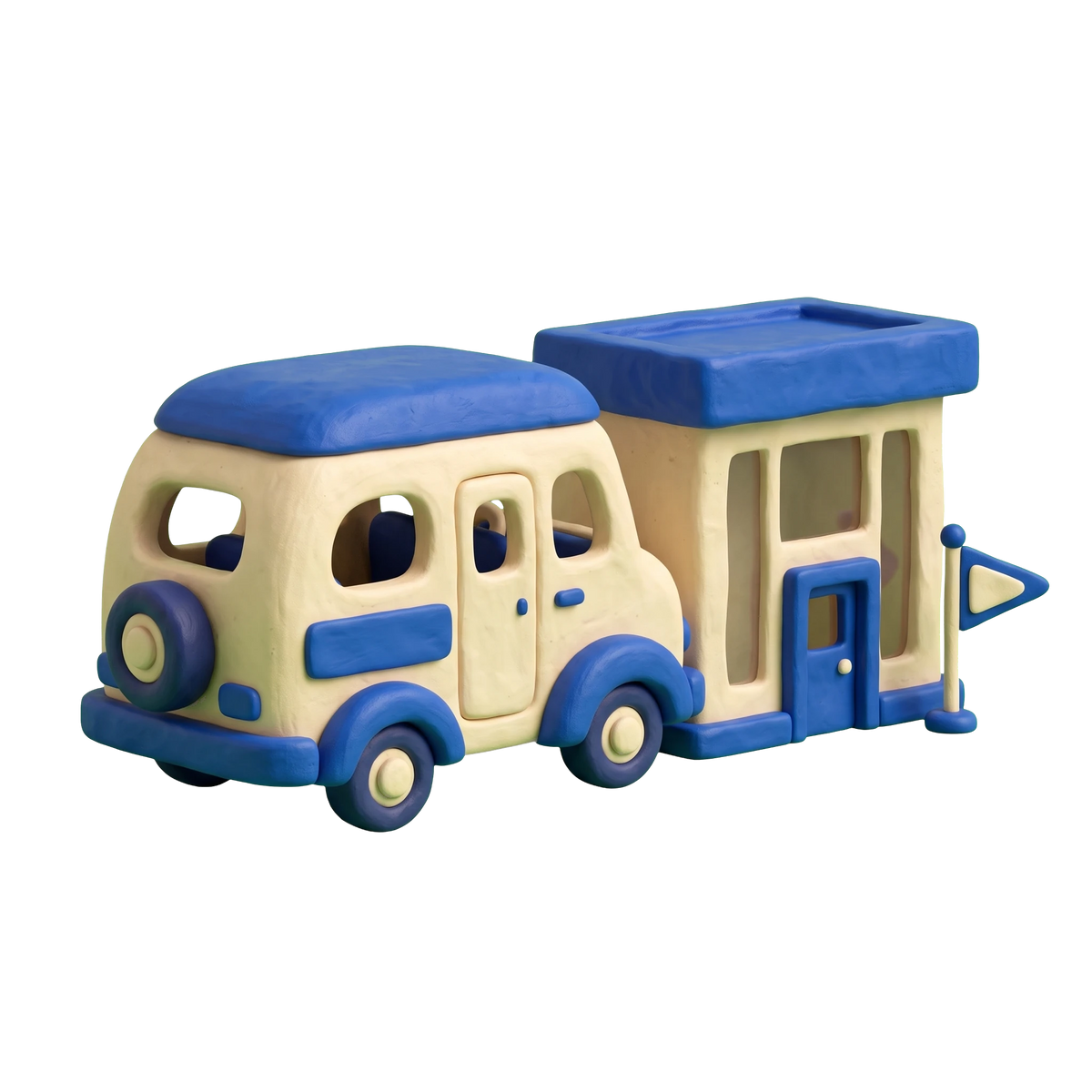 RV dealer illustration in blue and ivory clay