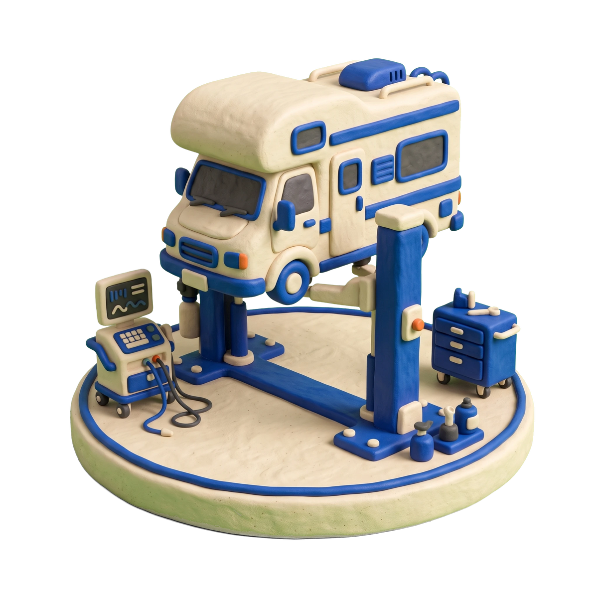 RV repair shop illustration in blue and ivory clay