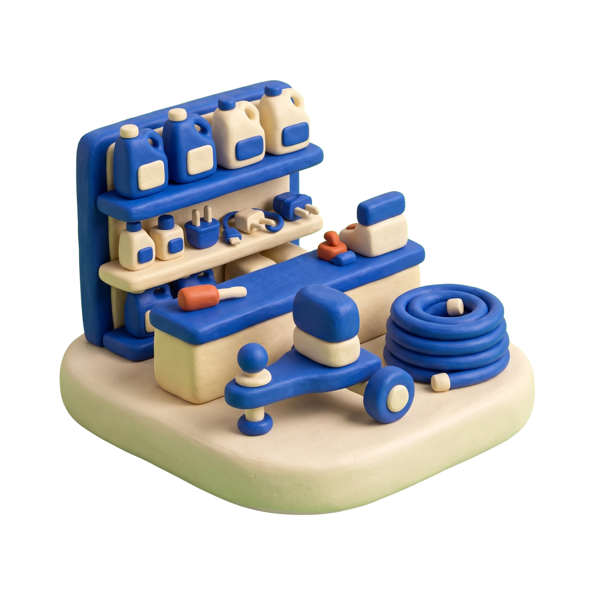RV supply store illustration in blue and ivory clay