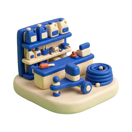 RV supply store illustration in blue and ivory clay