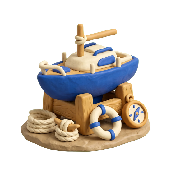 Sailing school illustration in blue and ivory clay