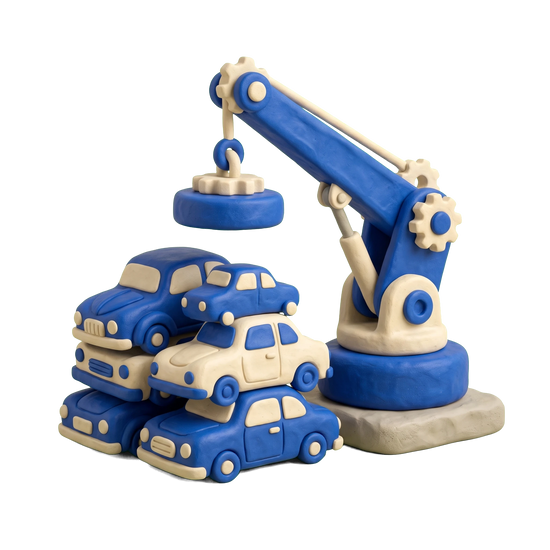 Salvage yard illustration in blue and ivory clay