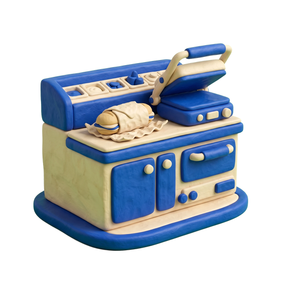 Sandwich shop illustration in blue and ivory clay