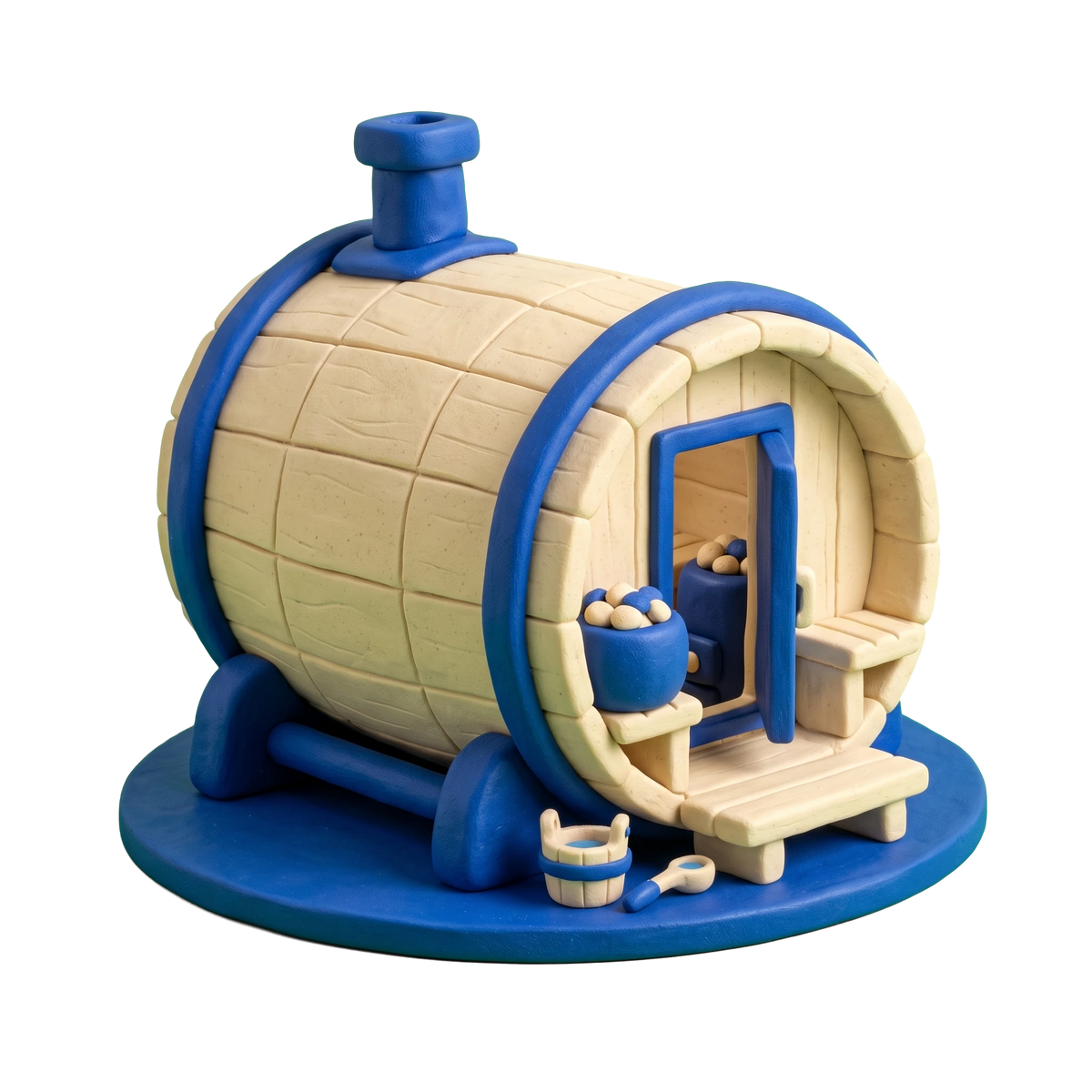 Sauna illustration in blue and ivory clay