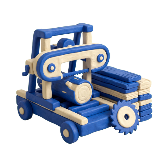 Saw mill illustration in blue and ivory clay