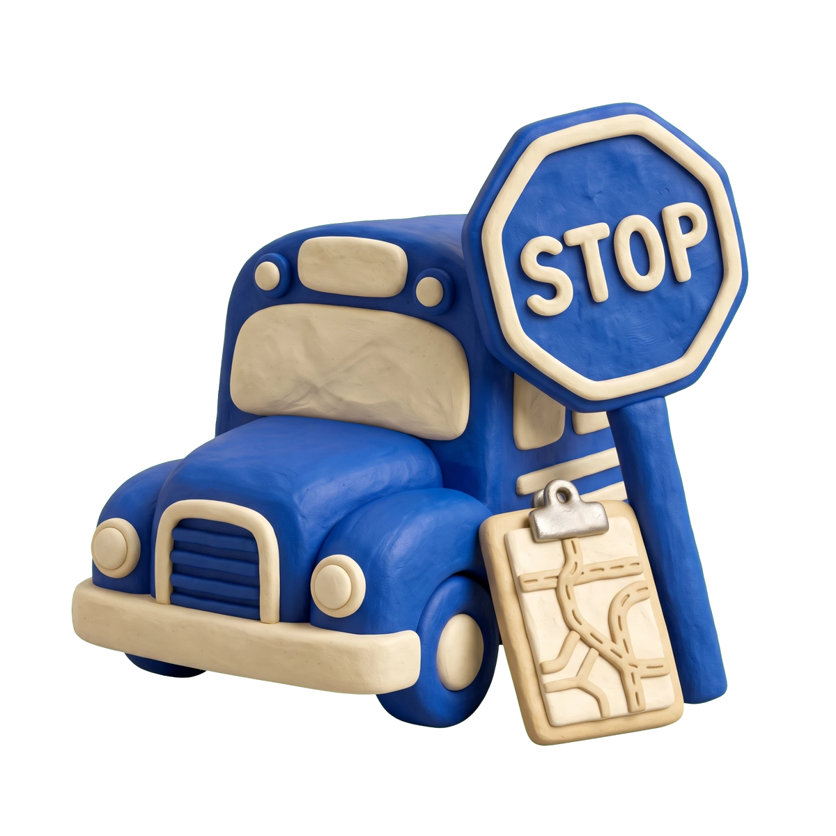 School bus service illustration in blue and ivory clay