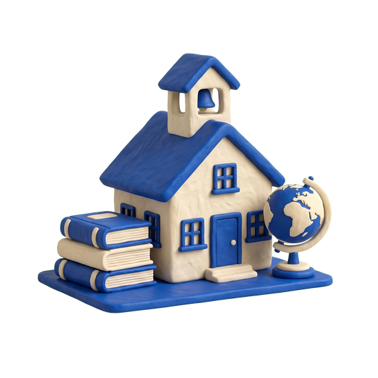 School house illustration in blue and ivory clay