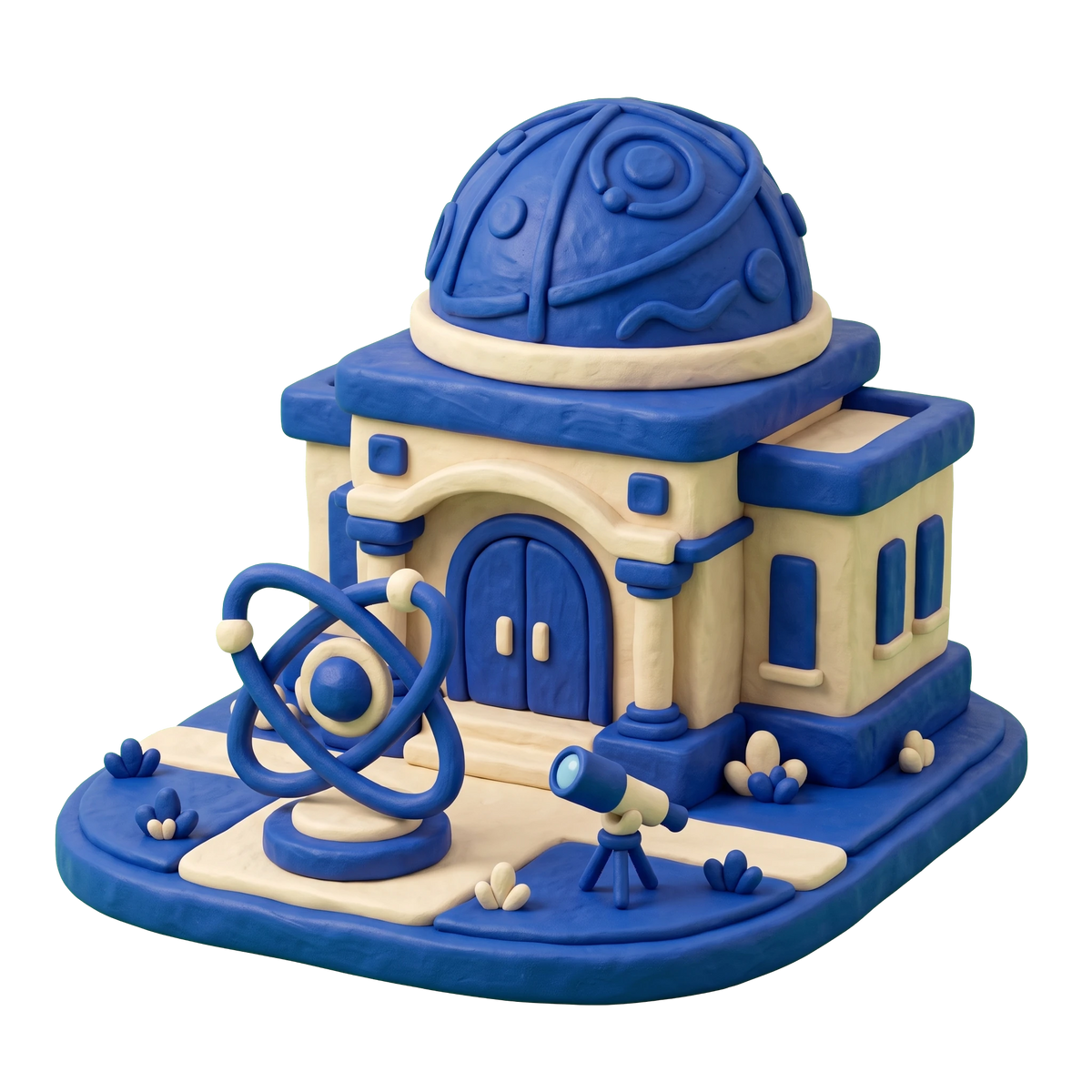 Science museum illustration in blue and ivory clay