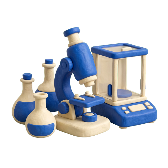 Scientific equipment supplier illustration in blue and ivory clay