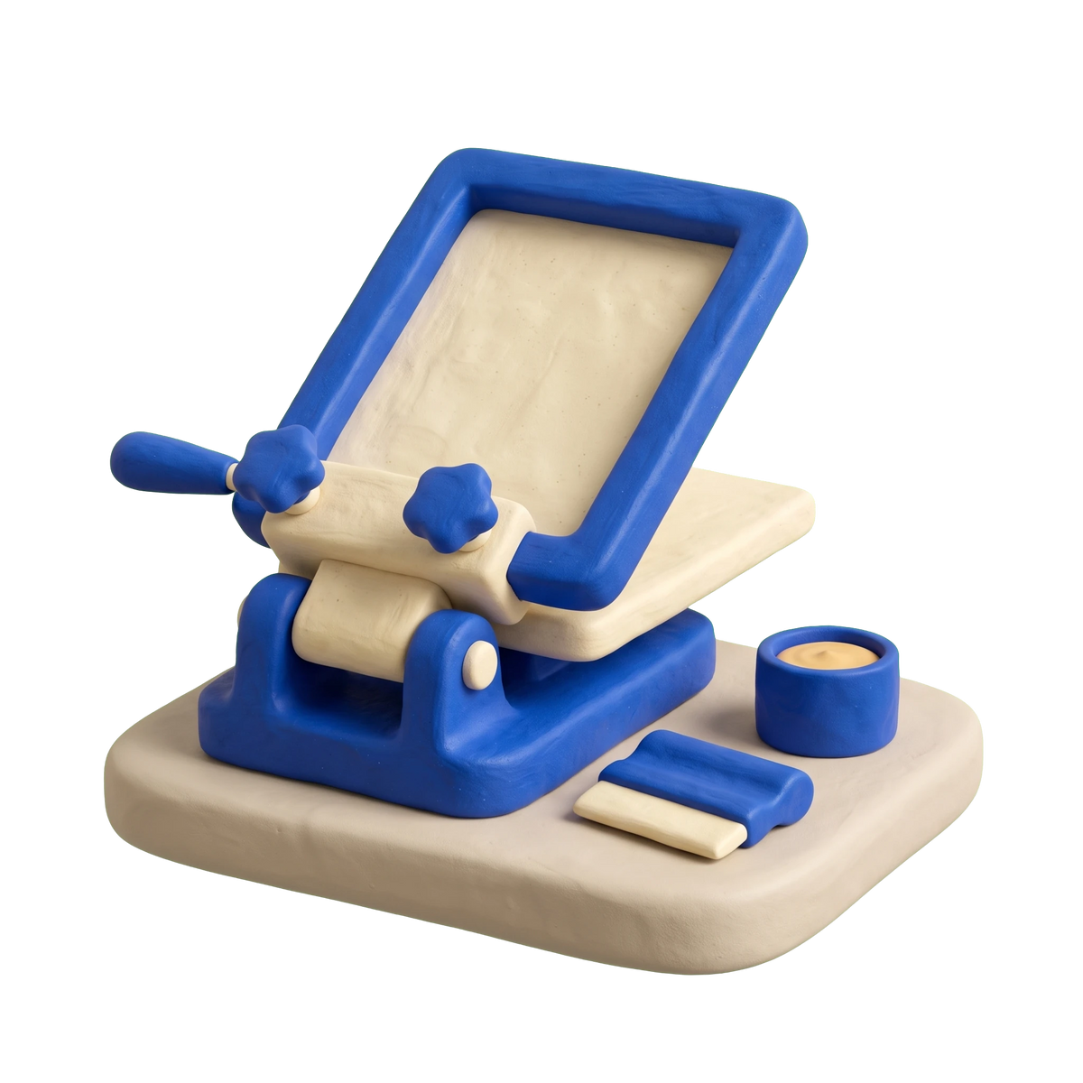Screen printing shop illustration in blue and ivory clay