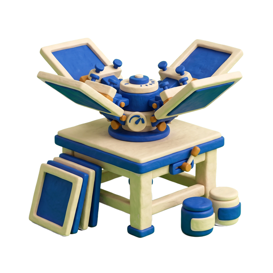 Screen printing supply store illustration in blue and ivory clay