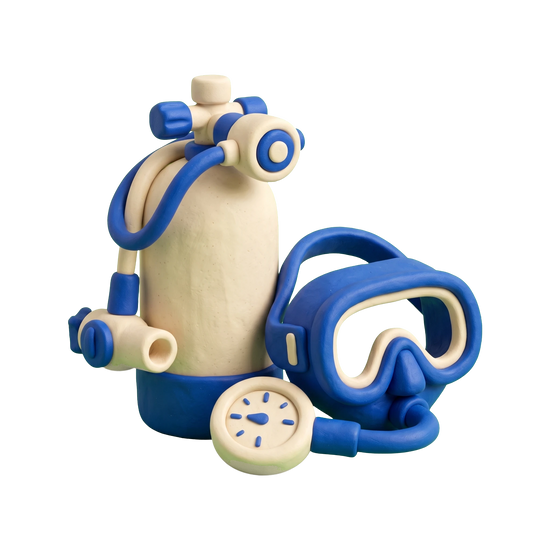 SCUBA instructor illustration in blue and ivory clay