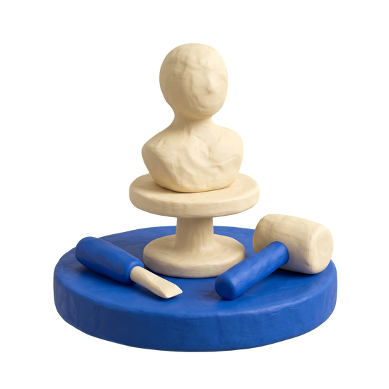 Sculpture illustration in blue and ivory clay