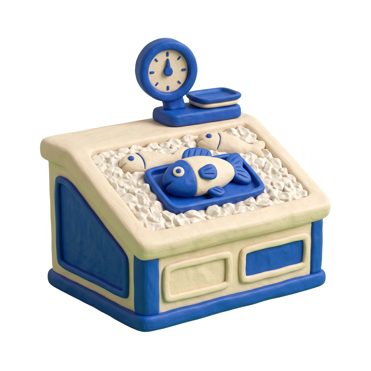Seafood market illustration in blue and ivory clay