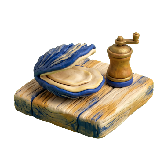 Seafood restaurant illustration in blue and ivory clay