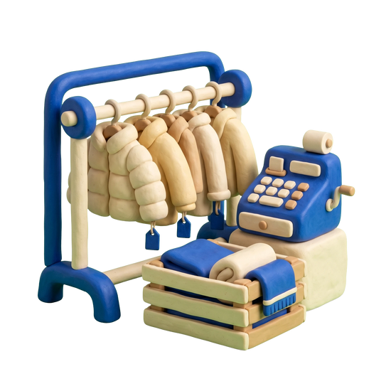 Second hand store illustration in blue and ivory clay