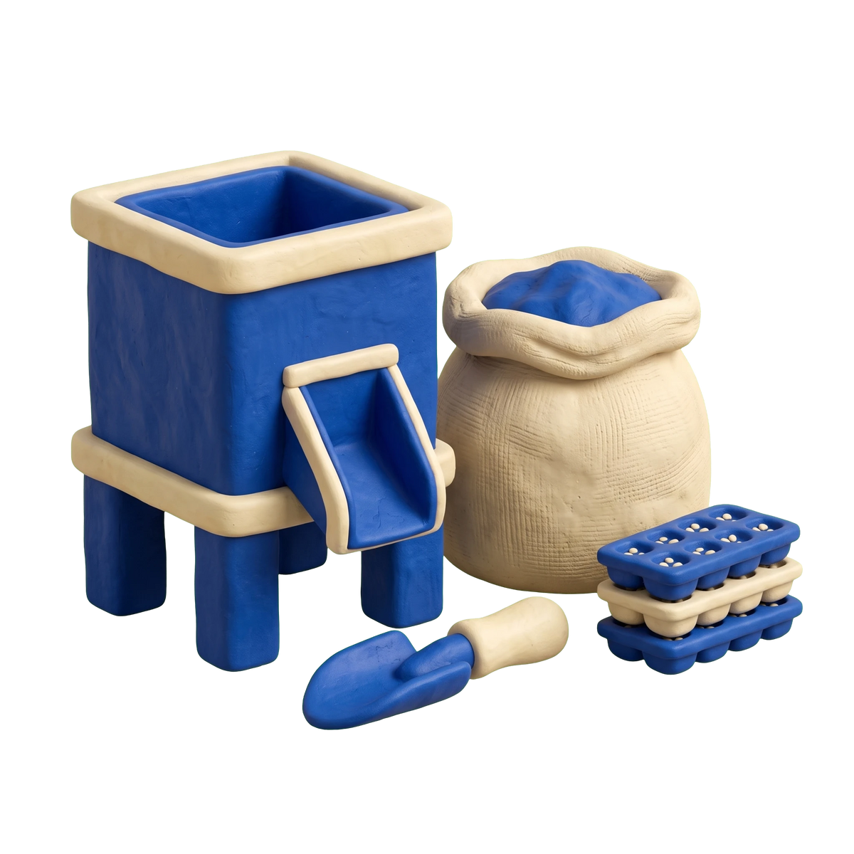 Seed supplier illustration in blue and ivory clay