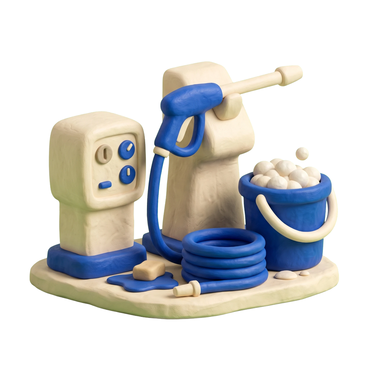Self service car wash illustration in blue and ivory clay