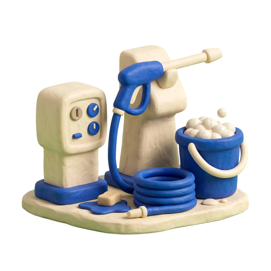 Self service car wash illustration in blue and ivory clay
