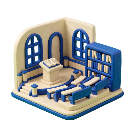 Seminary illustration in blue and ivory clay