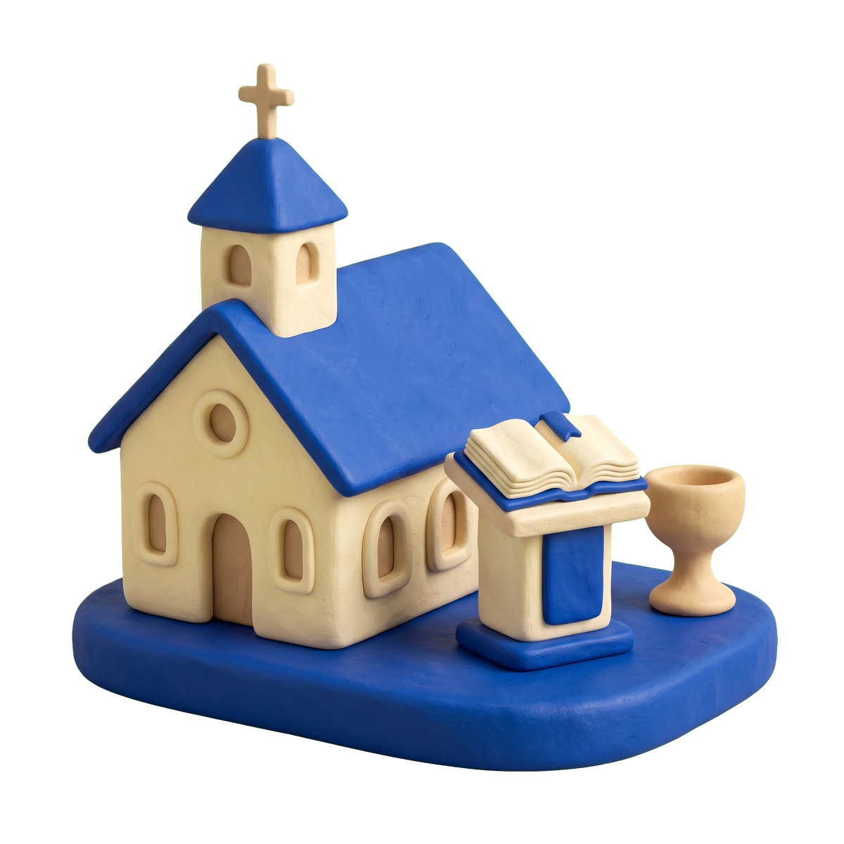 Seventh-day Adventist church illustration in blue and ivory clay