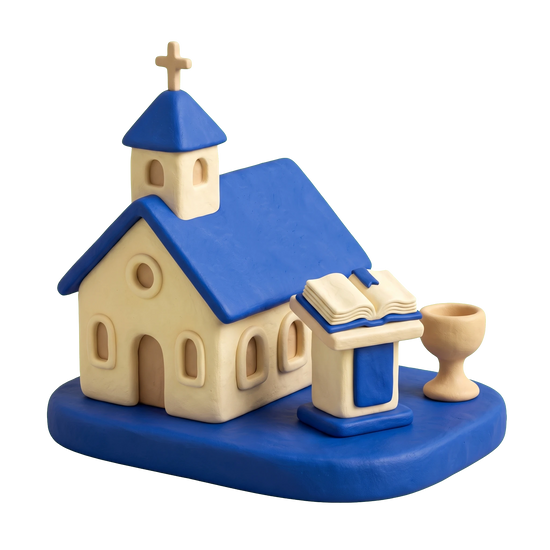 Seventh-day Adventist church illustration in blue and ivory clay