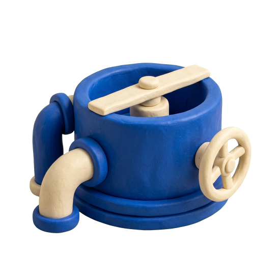 Sewage treatment plant illustration in blue and ivory clay