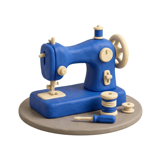 Sewing machine repair service illustration in blue and ivory clay