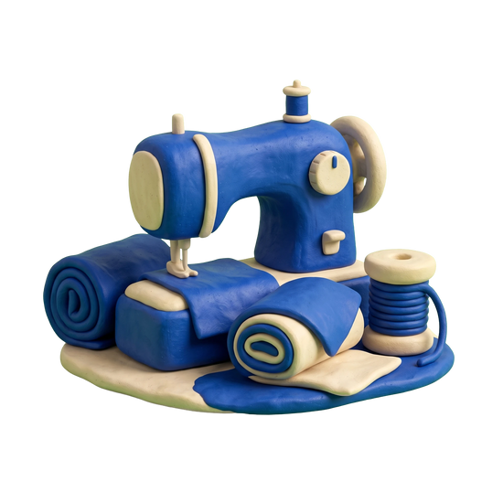 Sewing machine store illustration in blue and ivory clay