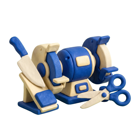 Sharpening service illustration in blue and ivory clay