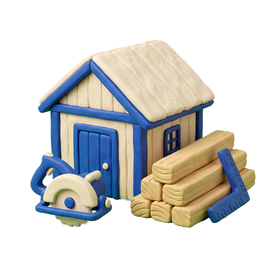 Shed builder illustration in blue and ivory clay