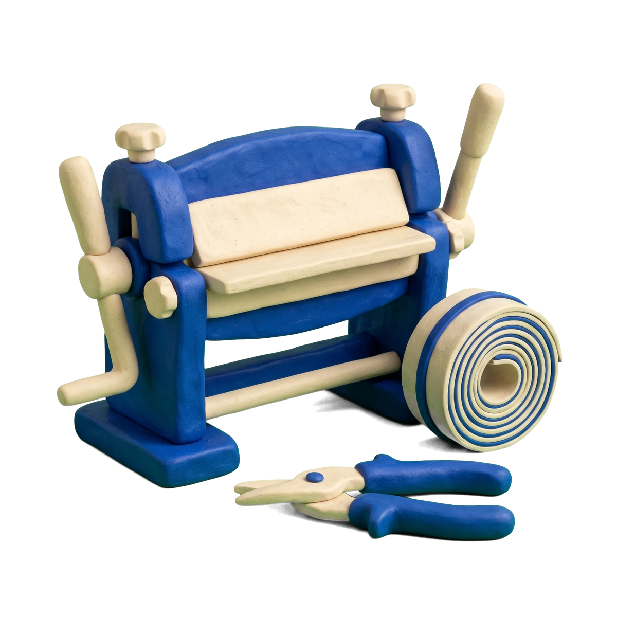 Sheet metal contractor illustration in blue and ivory clay