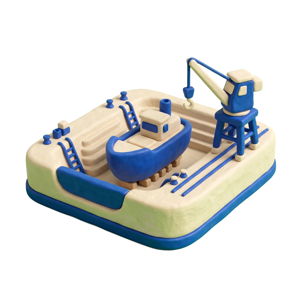 Shipyard illustration in blue and ivory clay