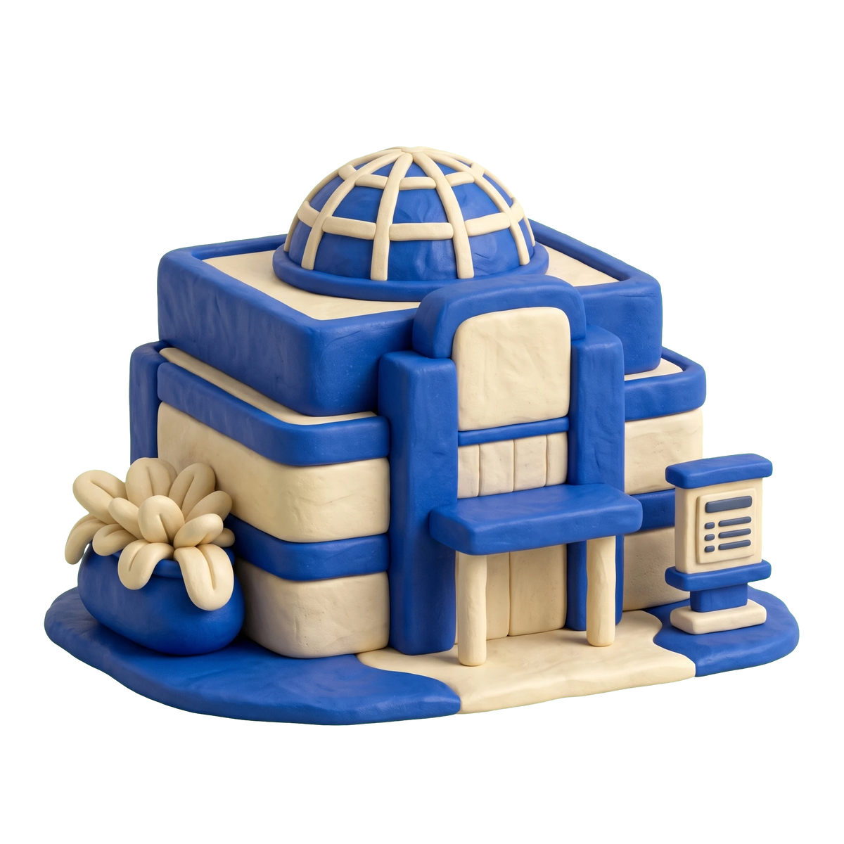 Shopping mall illustration in blue and ivory clay