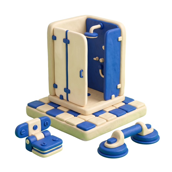 Shower door shop illustration in blue and ivory clay
