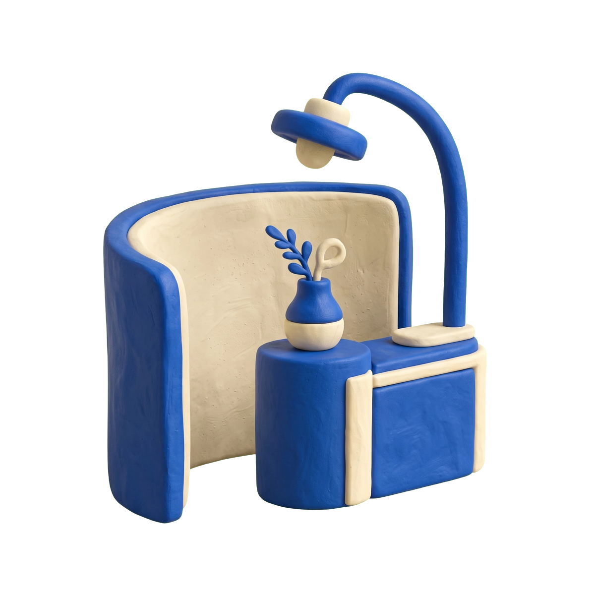 Showroom illustration in blue and ivory clay