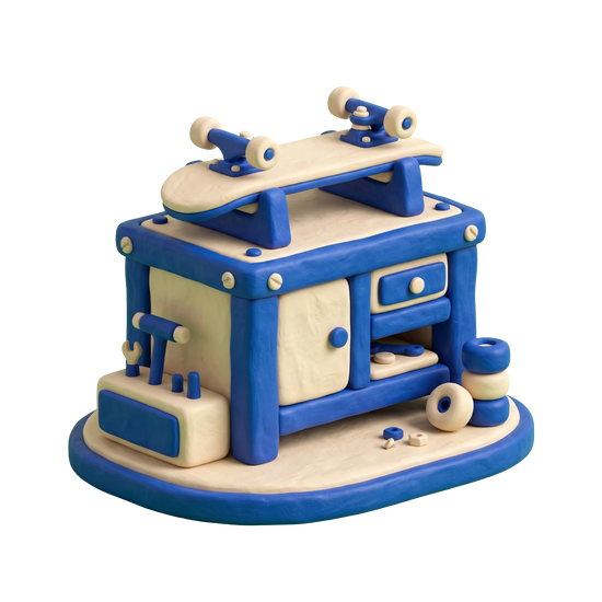 Skateboard shop illustration in blue and ivory clay